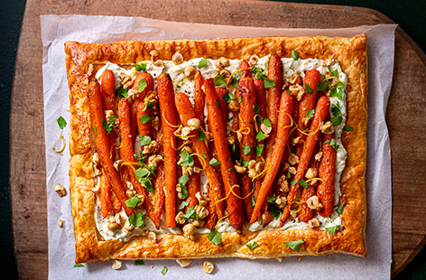 This vegetarian tart makes a lovely dinner party main. It looks impressive (and tastes delicious) but is actually quite easy to rustle up using ready-rolled puff pastry and ready-whipped feta. We've used Tendersweet carrots for their elegant shape, distinct crispness and sweet flavour – they're certainly the star ingredient!
