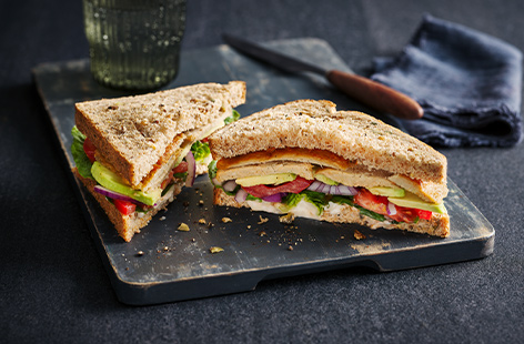 You can't beat a good Christmas sarnie. In this vegan version, Derek uses the Wicked Kitchen No-Turkey roast crown with juicy tomatoes, crisp lettuce and garlic mayo. An absolute festive classic!