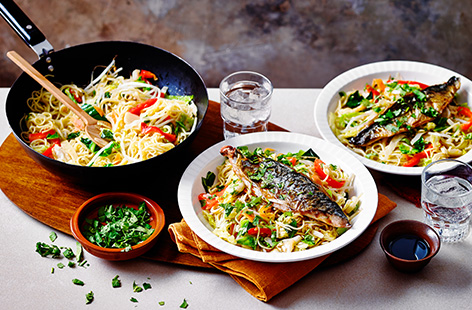 If you're trying to get more fish into your diet, try this wallet-friendly mackerel stir-fry recipe. Ready in just 25 mins, top gingery noodles and veg with a crispy mackerel fillet for a speedy midweek dinner idea.