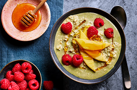 These get-ahead overnight oats are perfect for busy mornings – prep the night before and top with fruit and a little extra honey (if you like) before eating. Earthy matcha gives this breakfast a real boost and pairs perfectly with sweet mango and tart raspberries.