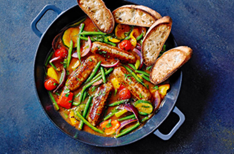 Warming and hearty, this low-effort vegan casserole has a Mediterranean vibe thanks to its mix of courgettes, peppers, red onion and fragrant oregano