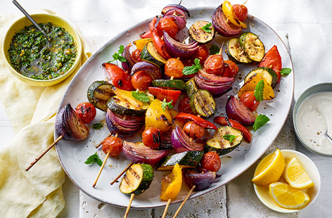 Brighten up your BBQ with these Mediterranean vegetable skewers. Coat your veg in a spicy garlic and lemon flavoured marinade and enjoy.