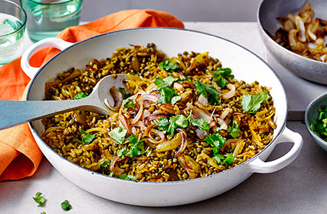 Mejadra is a fragrant pilaf-style dish popular in the eastern Mediterranean and Middle East, made with lentils, spices and fried onions