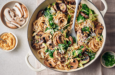 This miso mushroom pasta, with its umami and nutty flavours is an interesting twist on regular veggie pasta dishes. Top with plenty of chopped parsley and pecorino cheese for a speedy and healthy midweek meal for two.