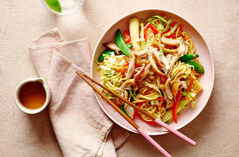 Use leftover sticky soy and honey marinated chicken to rustle up this veg-packed noodle salad. This makes an interesting lunch or light and vibrant dinner. You won't be disappointed!