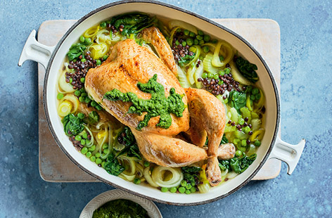 A vibrant family dinner that can serve a crowd or give you delicious leftovers. This stunning one-pot chicken dish is packed with wonderful seasonal ingredients. Tender roast chicken, peppery puy lentils and an array of veggies come together in this healthy crowd-pleaser, which is made even more delicious with a dollop of spinach pistou sauce.