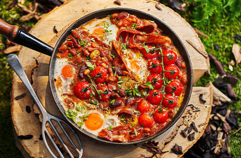 Rise and shine with this simple, one-pan full English, packed with all the protein and veg you'll need to keep you fuller for longer on your next camping trip