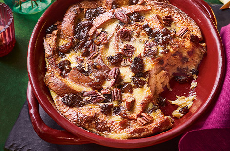 The magic of this recipe is you're creating a deliciously indulgent dessert with festive leftovers! Take panettone, mincemeat, nuts and cream and bake up everyone's favourite old-school pud – bread and butter pudding, but with a seasonal twist. Lovely for a treat between Christmas and New Year or any time you fancy a comforting 'afters'.