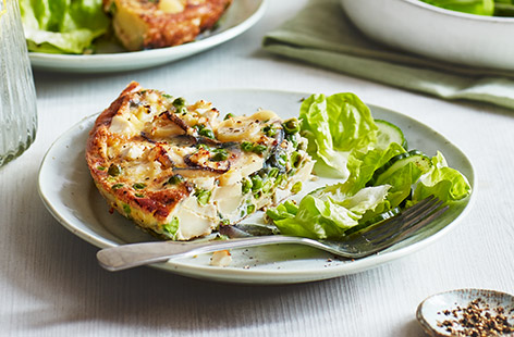 This pea and potato frittata mean works great warm with a salad or eaten cold for lunch the next day