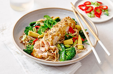 Get more omega-3 into your diet with this salmon and veg, made even better by a peanut and soy-based marinade