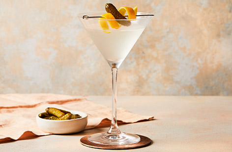 Head of food for Tesco mag, Elli Donajgrodzki has created a twist on the Dirty martini, swapping the classic olive garnish with a cornichon – give it a try!