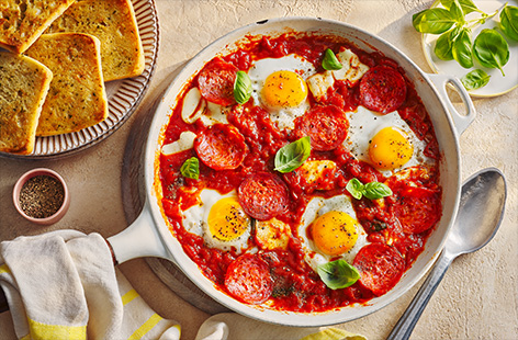 Whether you’re on holiday or at home, you need to try these quick and simple one-pan baked eggs. Topped with mozzarella and pepperoni for big pizza flavours, kids will love this (and you’ll love how easy it is!)