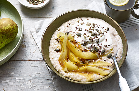 Brighten up your morning with a bowl of cinnamon porridge topped with citrus-poached pears