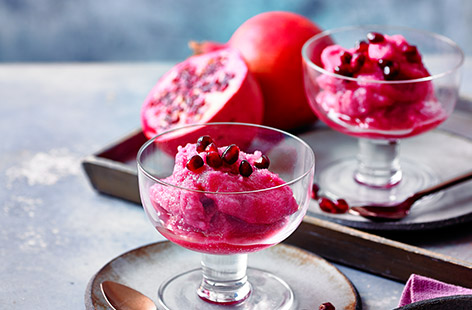 An easy, fruity sorbet that gets its tang from pomegranate seeds and freshly squeezed orange juice