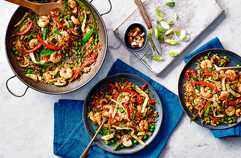 Perfect if you've got leftover rice (or we have used microwave rice to make this from scratch), this prawn fried rice recipe is ready in just 20 minutes. Load up the rice with tender prawns, strips of a quickly made omelette and plenty of fresh veg. 