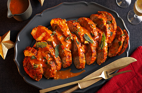 Try something new with turkey this Christmas. Our festive meatloaf is made using turkey mince and is topped with a herby mushroom sauce and crispy sage leaves. Try this as a great gluten-free centrepiece.