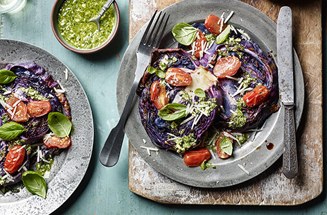 A great meat-free alternative, colourful and earthy cabbage becomes sweeter when brushed with oil and roasted