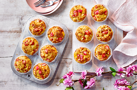 Bake these easy muffins for a sweet Easter teatime treat. They're packed with fresh rhubarb and sweet, creamy custard before being topped with crunchy demerara sugar.