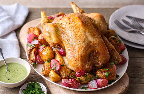 This recipe takes the comforting flavours of a traditional roast chicken and adds some vibrance with a zesty green hollandaise sauce, use up the leftovers the next day for lunch!