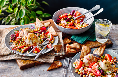 For a roast chicken dinner midweek, try this crispy roast chicken thighs recipe with a warm beetroot and chickpea salad. Beetroot, chickpeas, tomatoes, peppers and crumbled cheese are tossed in the warm chicken juices for a colourful salad.