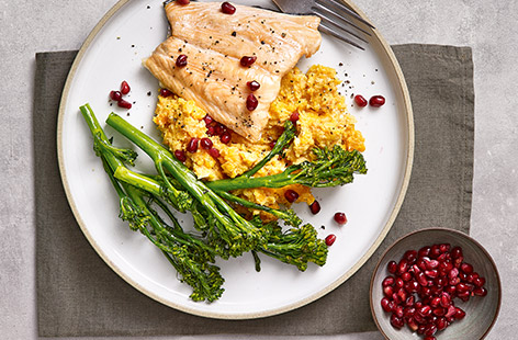 This recipe for roast salmon with butternut houmous mash contains just five ingredients