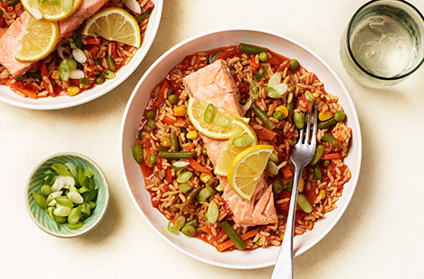 When you're short of time, but still want to get a healthy dinner on the table, this salmon traybake is spot on. Ready in 30 minutes, it's packed with veggies and the salmon is a great source of omega-3s.