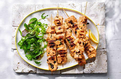 Try something new with your BBQ this year! These salmon skewers are coated in a smoky garlic and lemon marinade, then grilled until the golden and crispy.