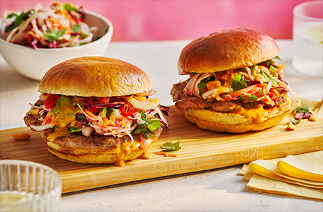 Take your smash burger to the next level with our satay spin! Load pork patties with a silky peanut satay sauce and a Thai-style crunchy slaw for big summer flavours. You can even cook them on the barbecue, if you like.