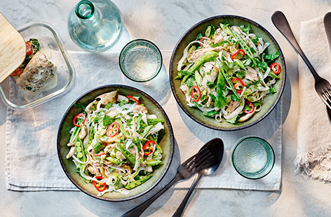 Use leftover chicken thighs and fragrant Thai green curry sauce to create this fresh and zesty noodle salad for the perfect packed lunch or light dinner.