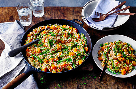 A vegetarian twist on the classic Spanish dish, this autumnal butternut squash paella is an easy shortcut to a hearty midweek meal. Bring the flavours of Spain to your table with plenty of healthy 