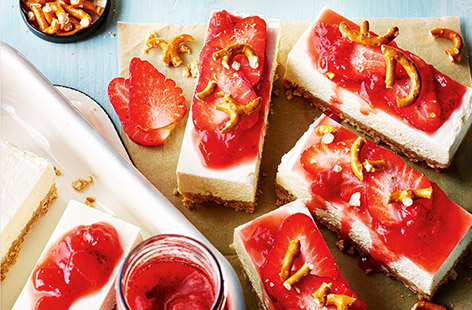 These moreish cheesecake bars are a heavenly sweet and savoury mash-up, with juicy strawberries and a salty pretzel base and topping. There's no baking involved either, just prep the base and cheesecake filling then leave to chill in the fridge – you can make the strawberry compote ahead of time too. A perfect picnic or teatime treat!