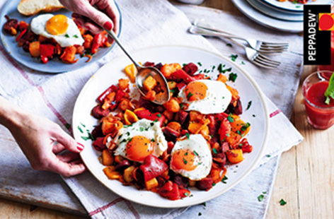 Indulge in a delicious brunch that's brimming full of brightly coloured peppers, chorizo and Desiree potatoes, topped with beautifully fried eggs