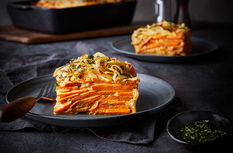 With layers of sweet potato, a creamy cashew sauce and a crispy onion topping, this plant-based pie ticks all the boxes