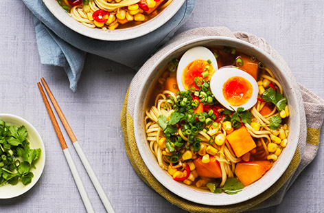 This colourful bowlful is packed with veggies, ginger and chilli - perfect for the cold winter months. Top with a soft-boiled egg and tuck in!