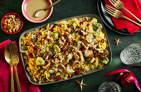 This bejewelled rice is fragrant with cinnamon and nutmeg and has added crunch from crispy Brussels sprouts. This is a great vegan and gluten-free option for your Boxing Day celebrations.