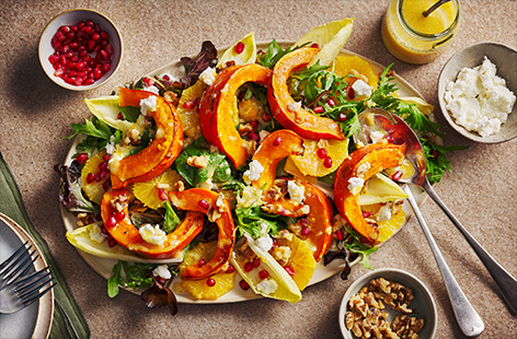 Take your autumn salad to new heights with this colourful mix of fruit, cheese and nuts. Roasted pumpkin takes centre-stage with a zesty mustard dressing.
