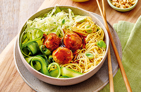 Try this meatball midweek meal for something that looks a bit fancy but is super-easy to make. The quick pickled cucumber adds zing, whilst the cashew nuts add crunch. A lively family meal!