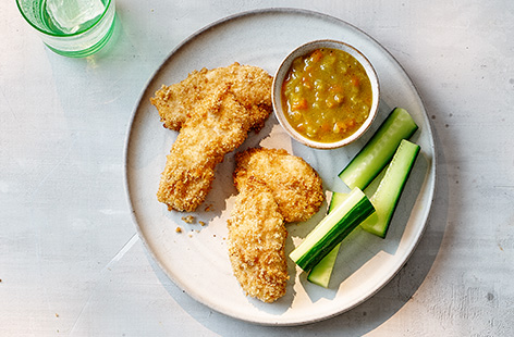 Kids will love dipping these homemade chicken dippers into katsu sauce. Serve with cucumber sticks on the side for a fun lunch!