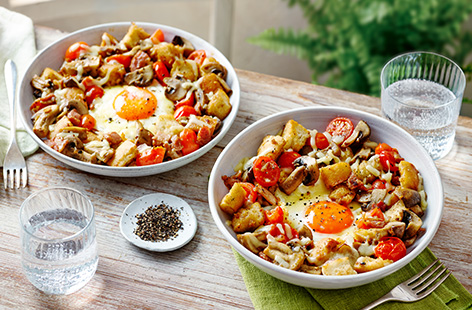 This quick and easy dish is a great alternative to a breakfast sandwich. Make your hash with any leftover bread you have and fry it with bacon, mushrooms, tomatoes and egg. 