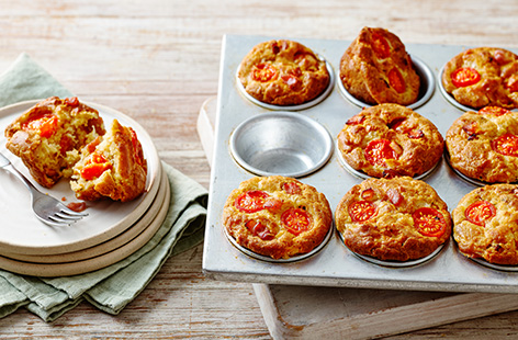 This savoury bake is the best way to use up any bacon and tomatoes in your fridge. Make these vegetarian by replacing the bacon with sweetcorn!