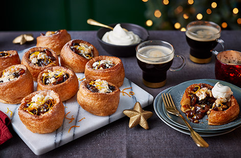 Sweet or savoury? You decide with a golden Yorkshire pudding loaded with spicy mincemeat and topped with a generous dollop of rich cream and a grating of orange zest. 