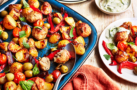 Feed your family right with this simple, delicious and nutritious turkey meatball traybake recipe. Serve the meatballs and vegetables with torn basil leaves before topping liberally with homemade cucumber yogurt