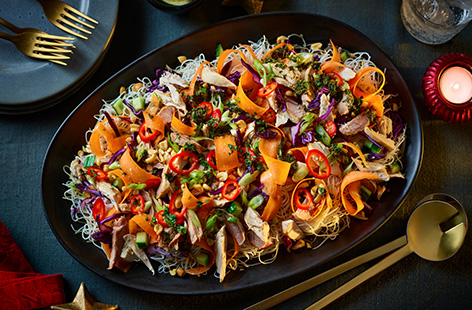 This no-cook turkey noodle salad is the perfect meal for that festive in-between period: light, crunchy and packed with flavour while taking no time at all to put together. 