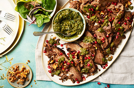 Dina Macki's slow-cooked brisket is coated in a spiced walnut and pomegranate marinade and served with a fresh and zingy chermoula. Dina says: 