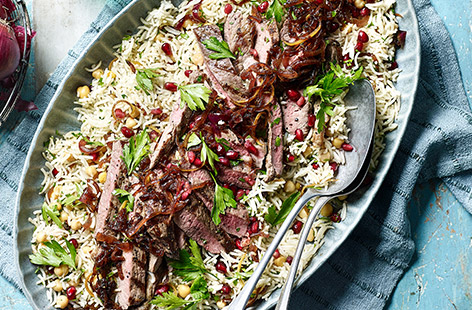 Milder than white onions, red onions – cooked down to jammy perfection – add a layer of sweetness to this fragrant chickpea pilaf recipe