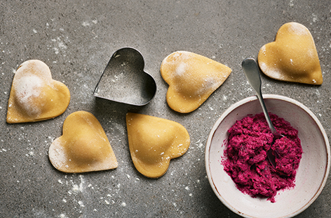 Looking to impress someone special? Then this pretty recipe fits the bill! Make your own pasta dough, the day before if you want to prep ahead, then make your own ravioli filled with a delicious roasted beetroot and creamy ricotta filling and serve with our Sage and brown butter sauce. This is perfect for a cosy night in or Valentine's dinner for two.