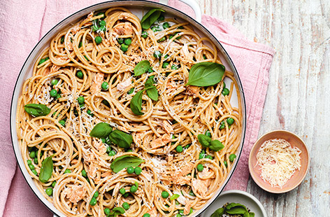 This creamy salmon pasta is made using tinned fish! Stir the spaghetti into a rich sauce with crème fraîche, cheese and basil. Ready in just 20 minutes, this one's a real midweek winner.