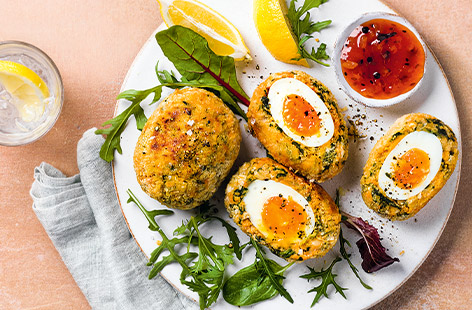 Switch up classic Scotch eggs with this vegetarian version that’s 1 of your 5 a day. Spiced sweet potato and spinach and coated in crispy breadcrumbs - check out that golden yolk!