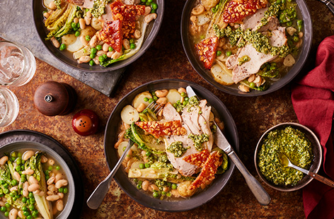 Turn roast pork into a beautiful Italian-inspired feast with a Tesco Finest Pork Crackling Loin Joint. Served with sweet braised little gems, cannellini beans, new potatoes and a fresh almond pesto – it's a Great British roast re-imagined!