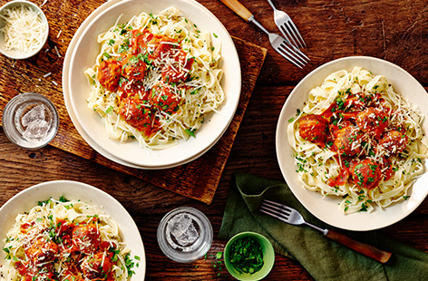 A true Italian classic, it really is hard to beat juicy pork meatballs, tender tagliatelle and a generous helping of Parmesan